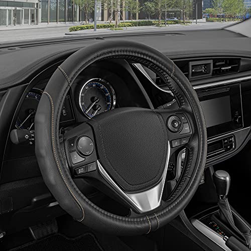 Motor Trend GripDrive Faux Black Leather Steering Wheel Cover for Car Truck Van SUV, Standard 15 inch Size, Beige Accent Stitched Car Steering Wheel Cover Vehicle & Auto Accessories - color: Black / Beige Accent Stitching15, size: Fits 14.5 - 15" SW