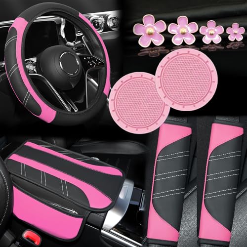10PCS Car Interior Accessories Sets,Steering Wheel Cover, Seat Belt Cover Pads, Center Console Cover,Cup Holder Coasters,Air Vent Decorative Clip(Pink) - color: Pink