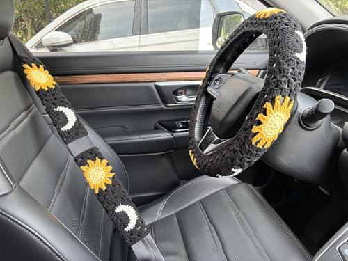 Handmade Crochet Sun Moon Car Steering Wheel Covers Universal 14-15 inch,Cute Steering Wheel Cover,Car Accessories (Black Wheel Cover+2 Belt Cover) - color: Black Wheel Cover+2 Belt Cover