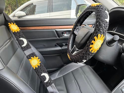 Handmade Crochet Sun Moon Car Steering Wheel Covers Universal 14-15 inch,Cute Steering Wheel Cover,Car Accessories (Black Wheel Cover+2 Belt Cover) - color: Black Wheel Cover+2 Belt Cover