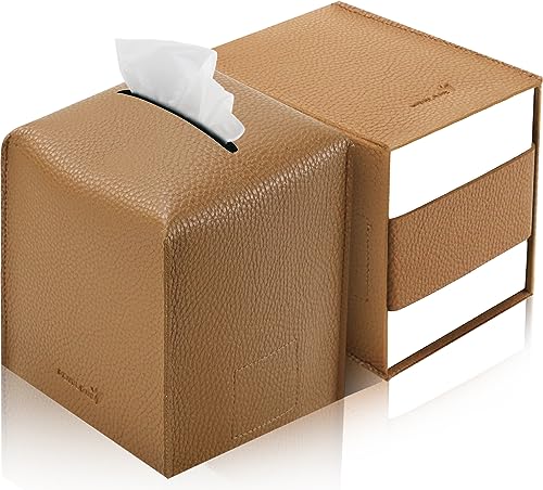 Tissue Box Cover 5X5X5'' PU Leather Tissue Holder Square Tissue Cube Box Organizer for Bathroom Vanity Countertop, Car, Night Stands, Office, Home, Kitchen (2Pack, Brown) - color: Brown, size: 2Pack