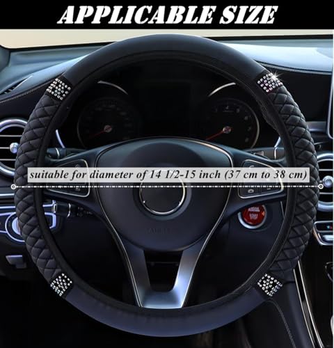 Microfiber Leather Steering Wheel Cover Universal 15 inch, with Bling Bling Crystal Rhinestones, Car Steering Wheel Anti-Slip Protector for Women Girls (Black)