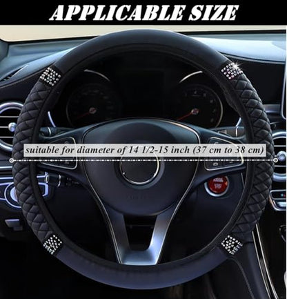 Microfiber Leather Steering Wheel Cover Universal 15 inch, with Bling Bling Crystal Rhinestones, Car Steering Wheel Anti-Slip Protector for Women Girls (Black)