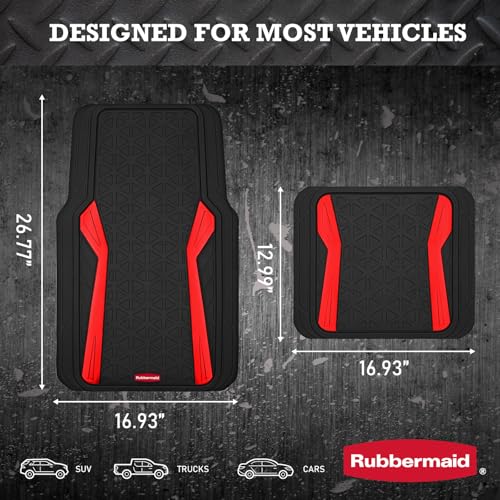 Rubbermaid Car Floor Mats Full Set,Premium Heavy Duty All-Weather Car Mats– Rugged Rubber with Brushed Aluminum Inserts, Universal Trim-to-Fit, Anti-Slip Backing for Cars, SUVs, Trucks & Vans - Red - color: Red