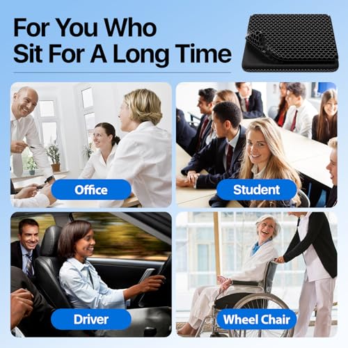 Gel Seat Cushion, Cooling Thick Big Breathable Honeycomb Design Absorbs Pressure Points Seat Cushion with Non-Slip Cover for Office Chair Home Cars Wheelchair - color: Black