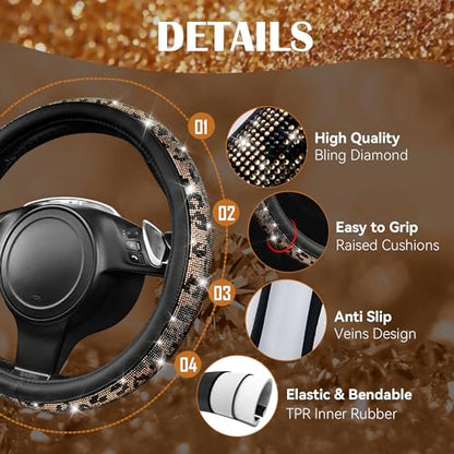 CAR PASS Bling Diamond Steering Wheel Cover Leopard Pattern, Sparkly Crystal Glitter Rhinestones Black Leather Wheel Protect for Women Girl Fit Suvs,Vans,Sedans,Cars,Trucks, 14" 1/2-15" Gold Leopard