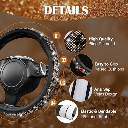 CAR PASS Bling Diamond Steering Wheel Cover Leopard Pattern, Sparkly Crystal Glitter Rhinestones Black Leather Wheel Protect for Women Girl Fit Suvs,Vans,Sedans,Cars,Trucks, 14" 1/2-15" Gold Leopard - color: Leopard Diamond