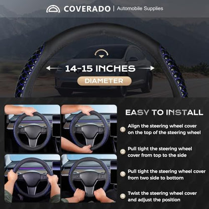 Coverado Car Steering Wheel Cover, Nappa Leather Black & Blueline Steering Wheel Covers, Universal 14-15 inch, Anti-Slip, Breathable Steering Wheel Protector for Women Men - color: C-Blue