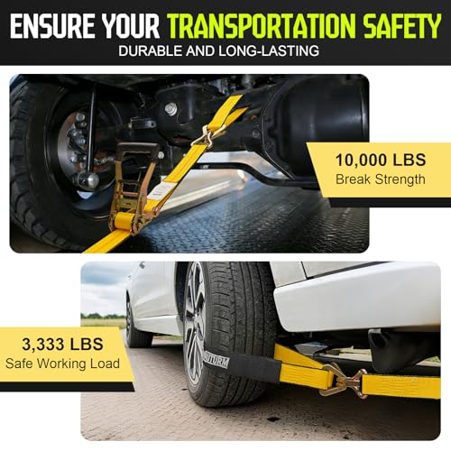 4 Pack Car Tie Down Straps for Trailers - 2" x 10' Ratchet Straps with J-Hooks and 2" x 38'' Axle Straps 10,000lbs Break Strength Heavy Duty Car Hauler Tire Straps for Car, Trailer, UTV Transport - color: Yellow