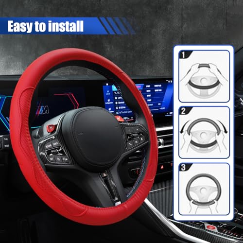 Car Steering Wheel Cover, 15 Inch Leather Anti-Slip Breathable Automotive Steering Wheel Protector, Universal Heat Resistant Vehicle Interior Accessories Cars, SUVs, Trucks(Red) - color: Red