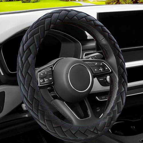 Soft Velvet Steering Wheel Cover Cute Hands Warm Fuzzy, Universal 15 Inch for Women Girls, Fit Vehicles, Sedans, SUVs, Vans, Trucks - Black