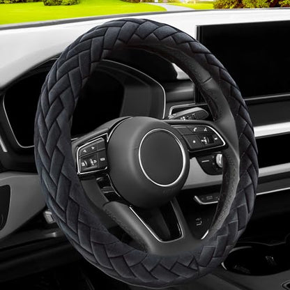 Soft Velvet Steering Wheel Cover Cute Hands Warm Fuzzy, Universal 15 Inch for Women Girls, Fit Vehicles, Sedans, SUVs, Vans, Trucks - Black