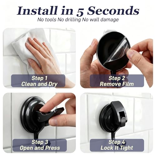 Heavy Duty Vacuum Suction Cup Hooks, Matte Black Plated Polished Super Suction for Kitchen Bathroom, 2 Pack