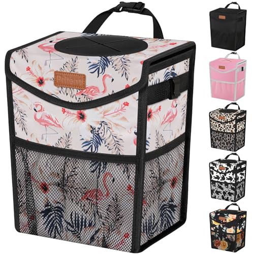 Pritent Car Trash Can with Lid, Cute Leakproof Car Trash Garbage Bag Hanging Vehicle Trash Bin Small Portable Automotive Garbage Cans Organizer for Back/Front Seat/Console(2.8 gal,Flamingo Print - color: Flamingo Print, size: 2.8 Gallons