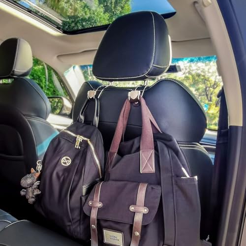 Heavy Duty Car Seat Headrest Hooks for Purse, Backpack Grocery Bags-2 PackMetal Auto Backseat Organizer with Non-Slip Rubber Covers – Multi-Purpose Hanging Hooks for Home, Office & Door