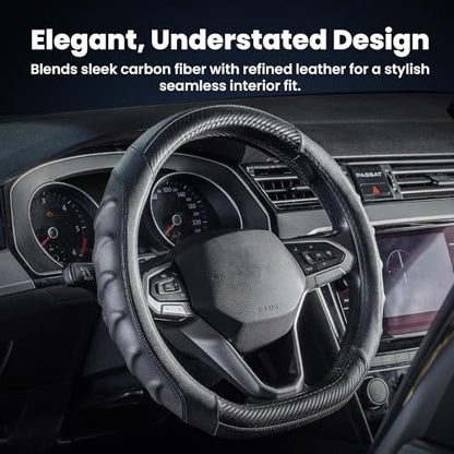 Carbon Fiber D Shaped Steering Wheel Cover – Universal 15 Inch (14.5-15″) Flat Bottom Steering Wheel Cover – Non Slip Leather Grip with Gel Comfort Padding – Sporty Design for Cars, SUVs & Trucks