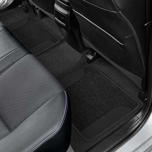 PU Leather Car Seat Covers w/Two-Tone Carpet/Vinyl Trim Car Floor Mats – Front and Back Split Bench Seat Covers, Steering Wheel Cover, Floor Mats for Cars Trucks Vans and SUVs (Black) - color: Black