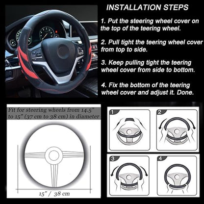 Alusbell Microfiber Leather Steering Wheel Cover Breathable Auto Car Steering Wheel Cover for Women and Men Universal 15 Inches Red - color: Red