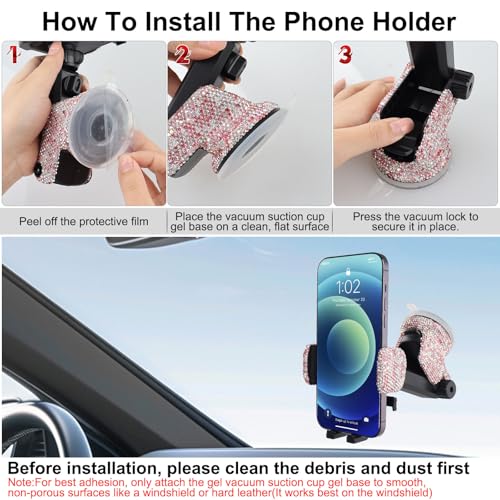 Bling Car Phone Mount Holder,Shiny Crystal Rhinestone Phone Stand for Women and Girls, Car Accessories for Windshield, Compatible with Most Cellphones (Pink) - color: pink