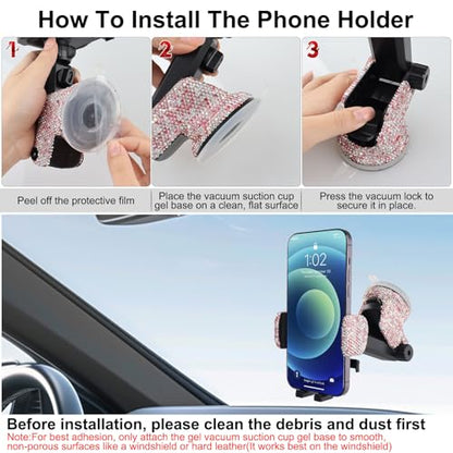 Bling Car Phone Mount Holder,Shiny Crystal Rhinestone Phone Stand for Women and Girls, Car Accessories for Windshield, Compatible with Most Cellphones (Pink) - color: pink