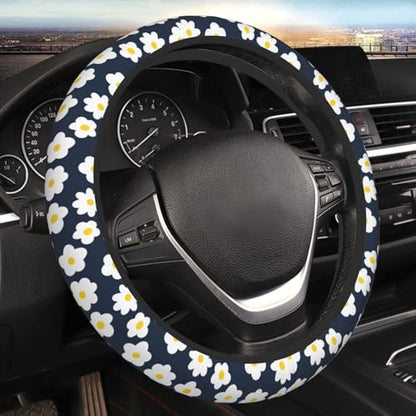 Cartoon Daisy Flower Elastic Steering Wheel Cover Non-Slip Breathable Steering Wheel Protector Fit Auto, SUVs, Truck - color: Cartoon Daisy Flower