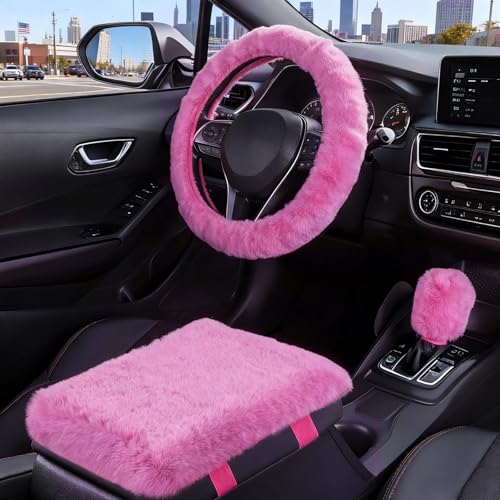 Furry Car Steering Wheel Cover with Fluffy Gear Shift Cover and Center Console Cover, Soft Warm Plush Non-Slip, 14 1/2-15 inch, for Women Girls 3 PCS Set, Pink - color: 3 pcs set - pink