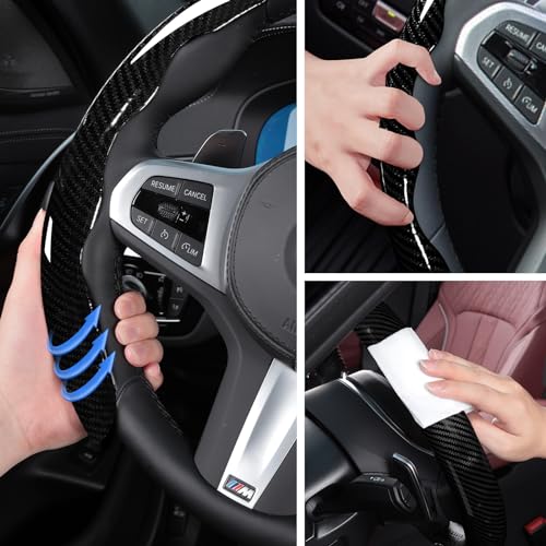 Car Steering Wheel Cover Set Bright Carbon Fiber Wrap Non-Slip 3pcs Steering Wheel Accessories 14.5-15 inch Universal (Black) - color: Black Black Black