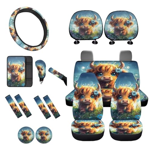 16 Pieces Car Seat Covers Full Sets, Highland Cattle Print Front Rear Seat Cover for Cars, Steering Wheel Cover Seat Belt Pads Arm Rest Covers Coaster Keychain, Universal Fit Auto Accessories - color: Brown and Blue - Highland Cattle