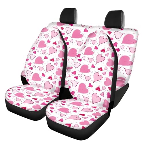 FUSURIRE Automotive Seat Covers for Women, Pink Heart Print Universal Size Auto Accessories Decor 4 Pcs Full Set Protector for SUV Van Sedan - color: Pink Heart Print