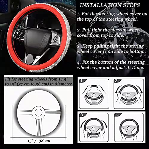 Bling Diamond Leather Steering Wheel Cover for Women Girls with Crystal Rhinestones, Universal Fit 14.5-15 Inch Car Steering Wheel Cover Accessories - color: Red