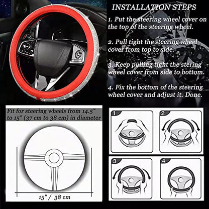 Bling Diamond Leather Steering Wheel Cover for Women Girls with Crystal Rhinestones, Universal Fit 14.5-15 Inch Car Steering Wheel Cover Accessories - color: Red