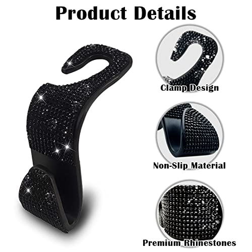 2PCS Car Seat Hooks - Bling Rhinestone Headrest Hooks with Universal Design - Perfect for Holding Handbags, Clothes, Purses, and Water Bottles - Black