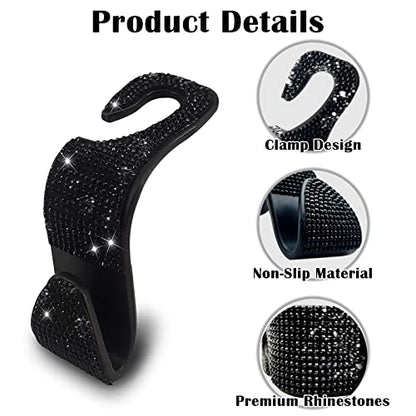 2PCS Car Seat Hooks - Bling Rhinestone Headrest Hooks with Universal Design - Perfect for Holding Handbags, Clothes, Purses, and Water Bottles - Black