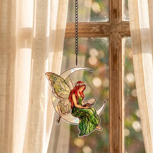Stained Glass Fairy Sitting on Crescent Moon Decorative Hanging Ornament, Stained Acrylic Fairy Reading a Book Suncatcher, Car Rearview Mirror Charm, Gift for Fairy Lovers, Women,Girls,Teachers,Sun-39
