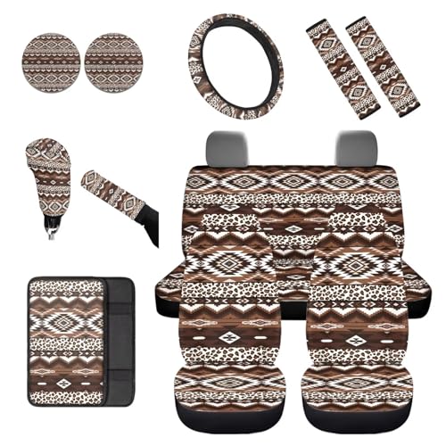 Dreaweet Aztec Leopard Print Car Seat Covers Full Set 12 Pcs - Brown Front and Back Seat Covers with Steering Wheel Cover with Center Console Cover,Coasters,Seatbelt Covers,Gear Shift Handbrake Cover - color: Aztec Leopard Print