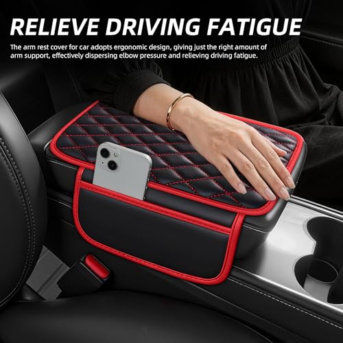 Waterproof Leather Car Center Console Pad with 2 Storage Bags, Auto Armrest Box Cover Protector, Comfortable Interior Accessories for Most Household Cars, Sedans & SUV (Black Red Stitch)