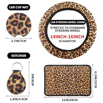 10 Pieces Leopard Print Printing Car Steering Wheel Cover Center Console Armrest Pad Headrest Seat Belt Cover Handbrake Cover Keychain Coaster Full Set Car SUV(Brown) - color: Brown