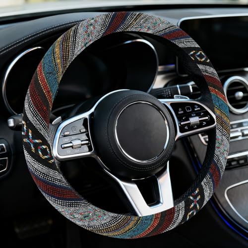 Boho Car Steering Wheel Cover, Ethnic Style Steering Wheel Covers Protector, Bohemian Anti-Slip Breathable Linen Auto Wheels Cover Fits 15 Inch, Universal Interior Car Accessories (Style D) - color: Style D