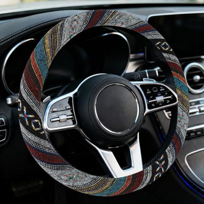 Boho Car Steering Wheel Cover, Ethnic Style Steering Wheel Covers Protector, Bohemian Anti-Slip Breathable Linen Auto Wheels Cover Fits 15 Inch, Universal Interior Car Accessories (Style D) - color: Style D