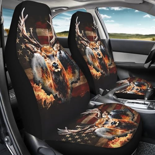 American Flag Patriot 2 Piece Car Seat Covers for Men Women Front Seats Only Auto Seat Protector Deer Print Universal Fit Most Truck SUV Van Car Accessories - color: American Flag Deer