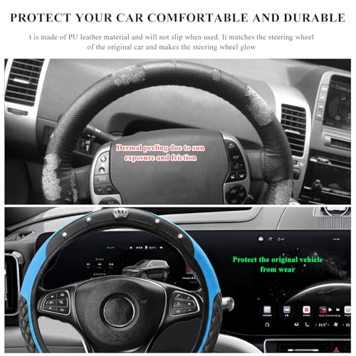 Soft Leather Steering Wheel Cover, 15 Inch Elastic Non-Slip Car Wheel Protector with Crystal Diamond, Universal Sparkling Diamond Crown Accessories for Most Steering Wheels (Blue) - color: Blue