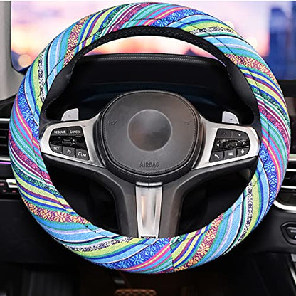 Universal 15inch Ethnic Style Baja Blanket Steering Wheel Cover with Coarse Flax Cloth and Sweat Absorption Anti Slip Car Wrap (Boho Blue) - style: Boho Blue