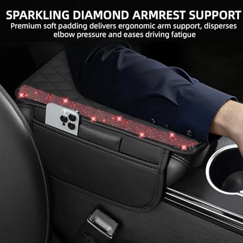 NBTEPEM Bling Car Center Console Cover, Leather Car Arm Rest Cover Cushion with 2 Storage Bags, Universal Automotive Armrest Protector Storage Box, Bling Accessories Interior for Most Vehicles (Red)