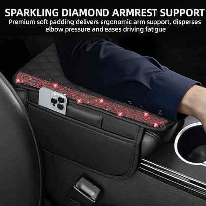 NBTEPEM Bling Car Center Console Cover, Leather Car Arm Rest Cover Cushion with 2 Storage Bags, Universal Automotive Armrest Protector Storage Box, Bling Accessories Interior for Most Vehicles (Red)