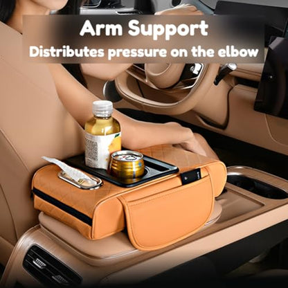 Car Center Console Pad Leather Armrest Pad w/Cup Holder, Tissue Box Slot, Side Bag, Phone Slot for Car Sedans (Embossed, Black-Red) - color: Black-Red, style: Embossed