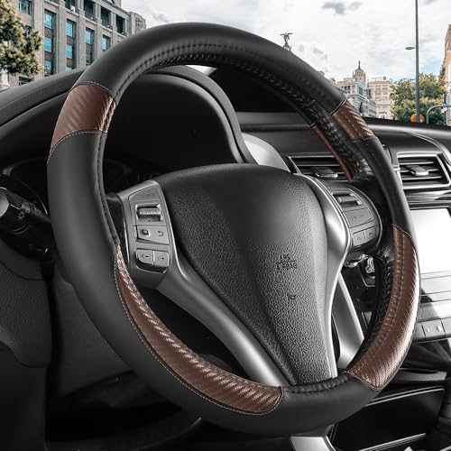 Non-Slip Car Nappa Leather Steering Wheel Cover,Universal Car Accessories Women Men Fit 14" 1/2-15" Suvs/Vans/Sedans/Cars/Trucks,Brown - color: Black Brown
