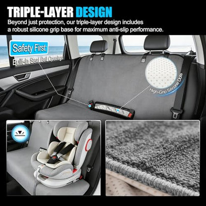 Waterproof Rear Bench Seat Cover for Kids and Pets, 3-Layer Back Seat Protector for SUVs, Sedans and Minivans, Machine Washable Non-Slip Towel Seat Cover for Spills, Pet Hair and Daily Mess
