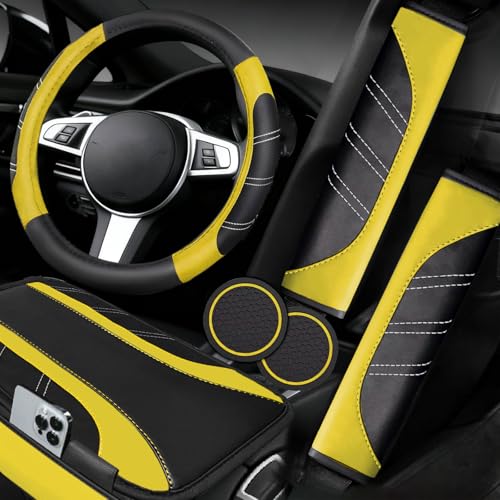 NBTEPEM 6 Pcs Yellow Car Accessories Set, Sport Leather Steering Wheel Cover 14.5-15inch Universal, Microfiber Leather Car Center Console Cover, Seat Belt Cushion, Cup Holder Coaster (Black-Yellow) - color: Yellow, size: Steering Wheel Cover Set