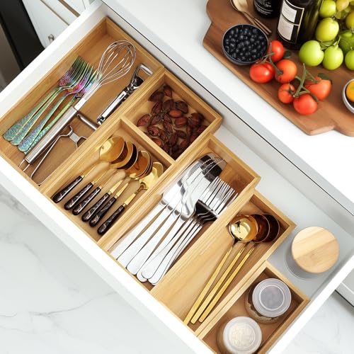 Bamboo Drawer Organizer Set, 5 PCS Multi-Use Individual Wood Storage Organizers, Junk Drawer Divider and Storage Trays Containers for Kitchen, Bathroom, Office Desk, Makeup, Jewelry, Utensils - size: 5