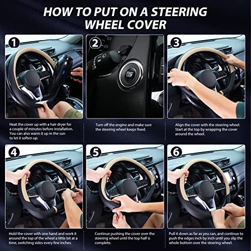 SEG Direct Flat Bottom Steering Wheel Cover Breathable, D Shaped Car Wheel Cover 14 1/2-15 in. (37-39 cm), Black Beige Microfiber Leather - color: 7. Beige, size: Standard size[14 1/2''-15'']